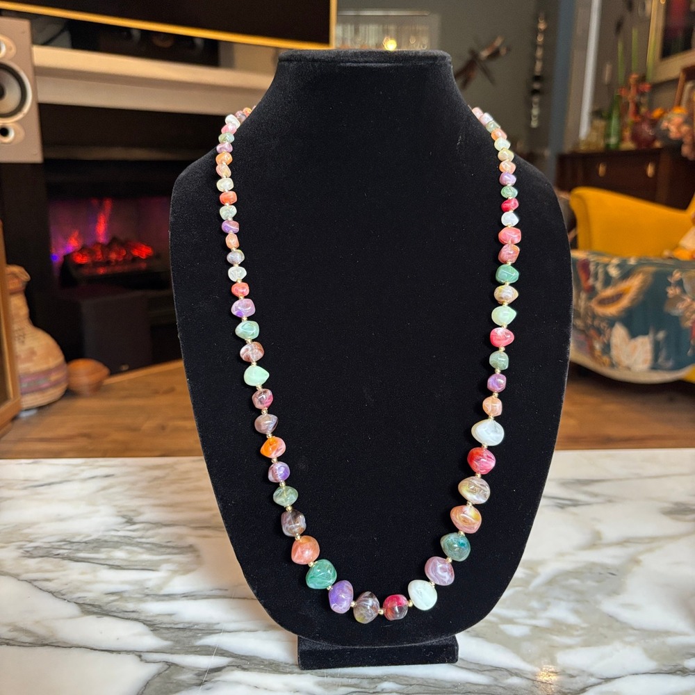 Vintage Multicolor Marbled Acrylic Pebble Bead Strand Necklace
